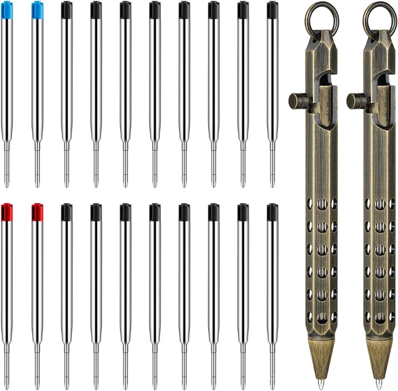 Origin-Joy 2 Pack Bolt Action Pen Set, Six Edge Solid Brass EDC Pocket Tactical Pen With 20 Ballpoint Refills (Retro Black) - Image 1